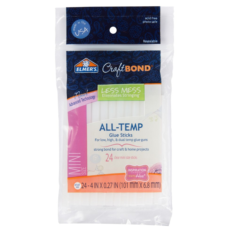 Elmers CraftBond Mini Hot Glue Sticks, 4in, Clear, Pack Of 24