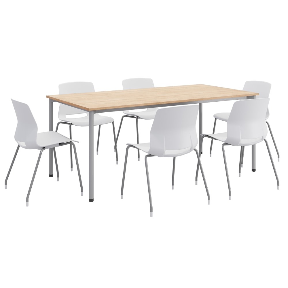 KFI Studios Dailey Table Set With 6 Poly Chairs, Natural/Silver Table/White Chairs