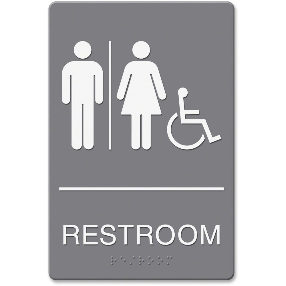 HeadLine Restroom/Wheelchair Image Indoor Sign - 1 Each - Restroom (Man/Woman/Wheelchair) Print/Message - 6in Width x 9in Height - Rectangular Shape - Double-sided - Plastic - Gray, White
