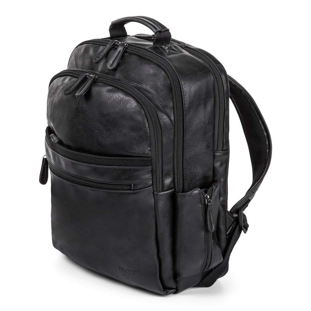 Bugatti Valentino Vegan Leather Backpack With RFID Pocket And 15.6in Laptop Compartment, Black