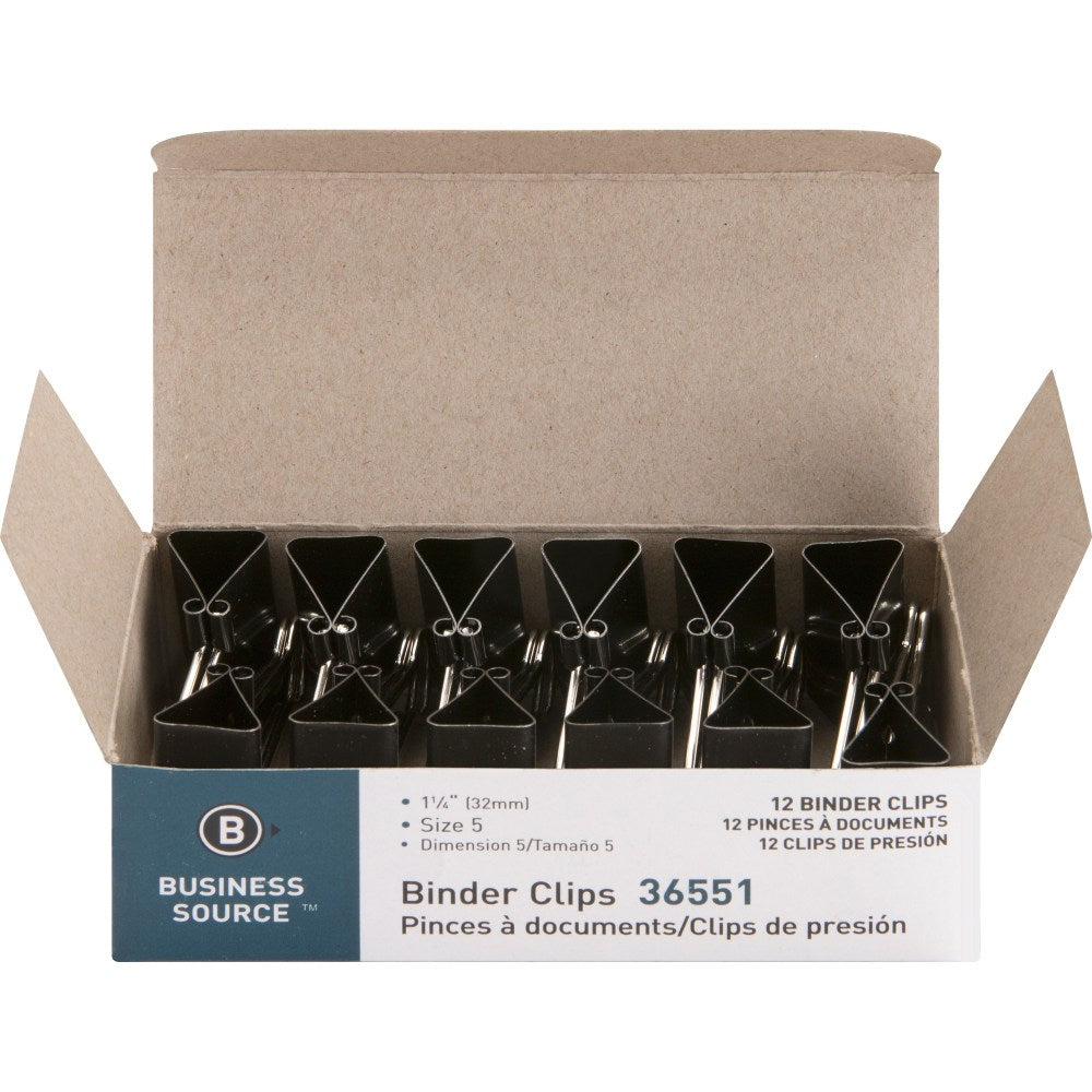 Business Source Fold-Back Binder Clips, 1-5/16in x 1-5/16in, 11/16in Capacity, Black/Silver, Pack Of 12 Clips