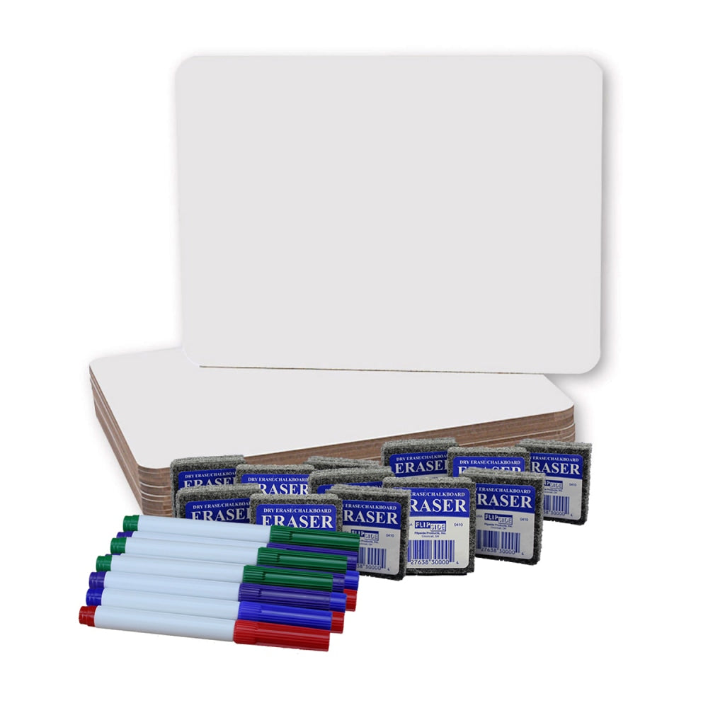 Flipside Products Non-Magnetic Dry-Erase Boards, 9in x 12in, with Colored Pens & Erasers, Set of 12
