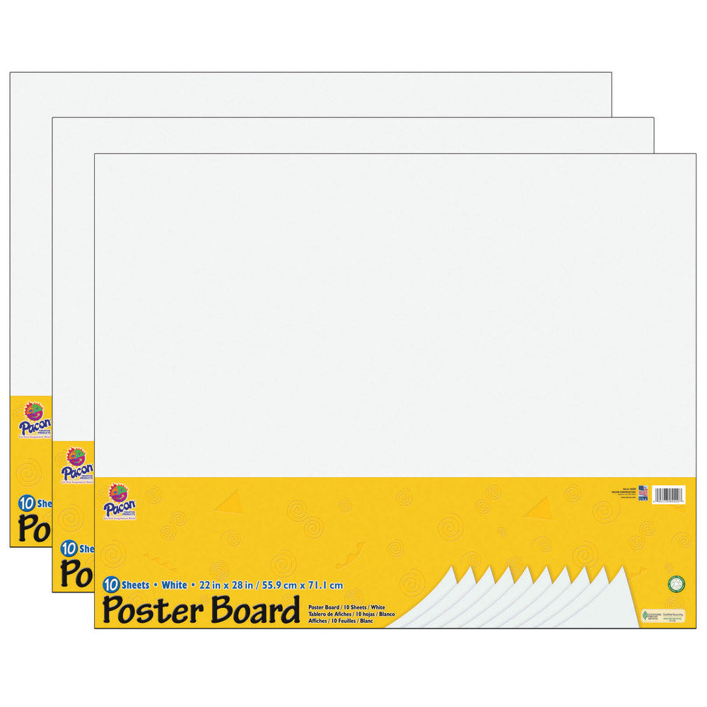 Pacon UCreate Poster Board, 22in x 28in, White, 10 Sheets Per Pack, Case Of 3 Packs