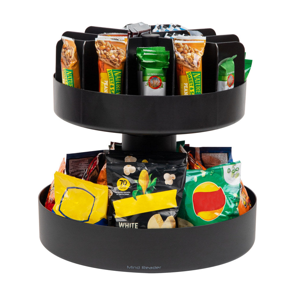 Mind Reader 2-Tier Lazy Susan Granola Bar and Snack Storage, Countertop Organizer, 14.5in L X 14.5in W X 14in H, Black