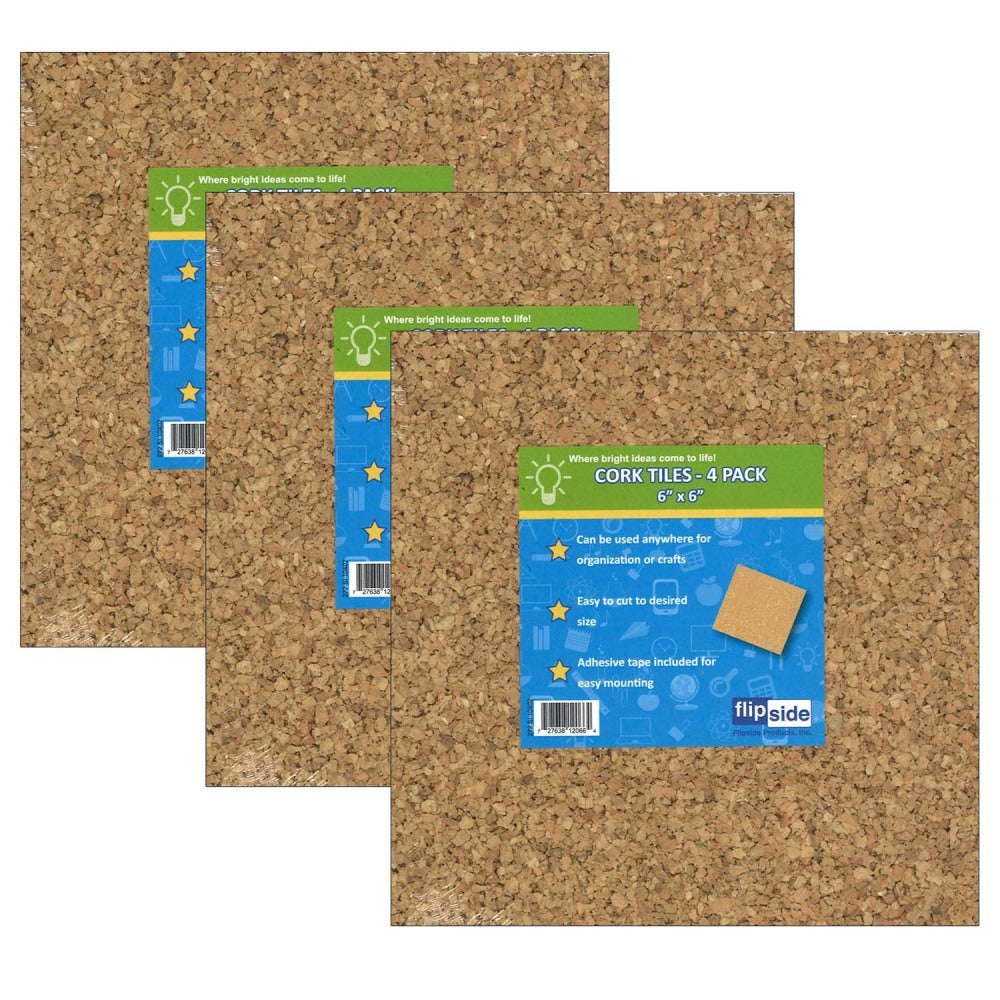 Flipside Cork Tiles, 6inH x 6inW x 1/8inD, Natural, 4 Tiles Per Pack, Set Of 3 Packs