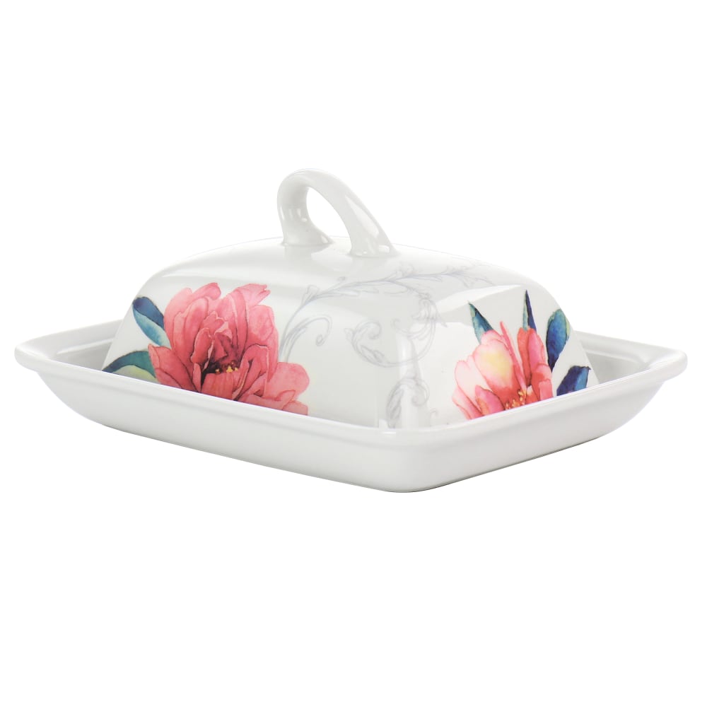 Martha Stewart Fine Ceramic Butter Dish With Lid In Floral Design, 3in x 5-1/2in x 7-1/2in, White