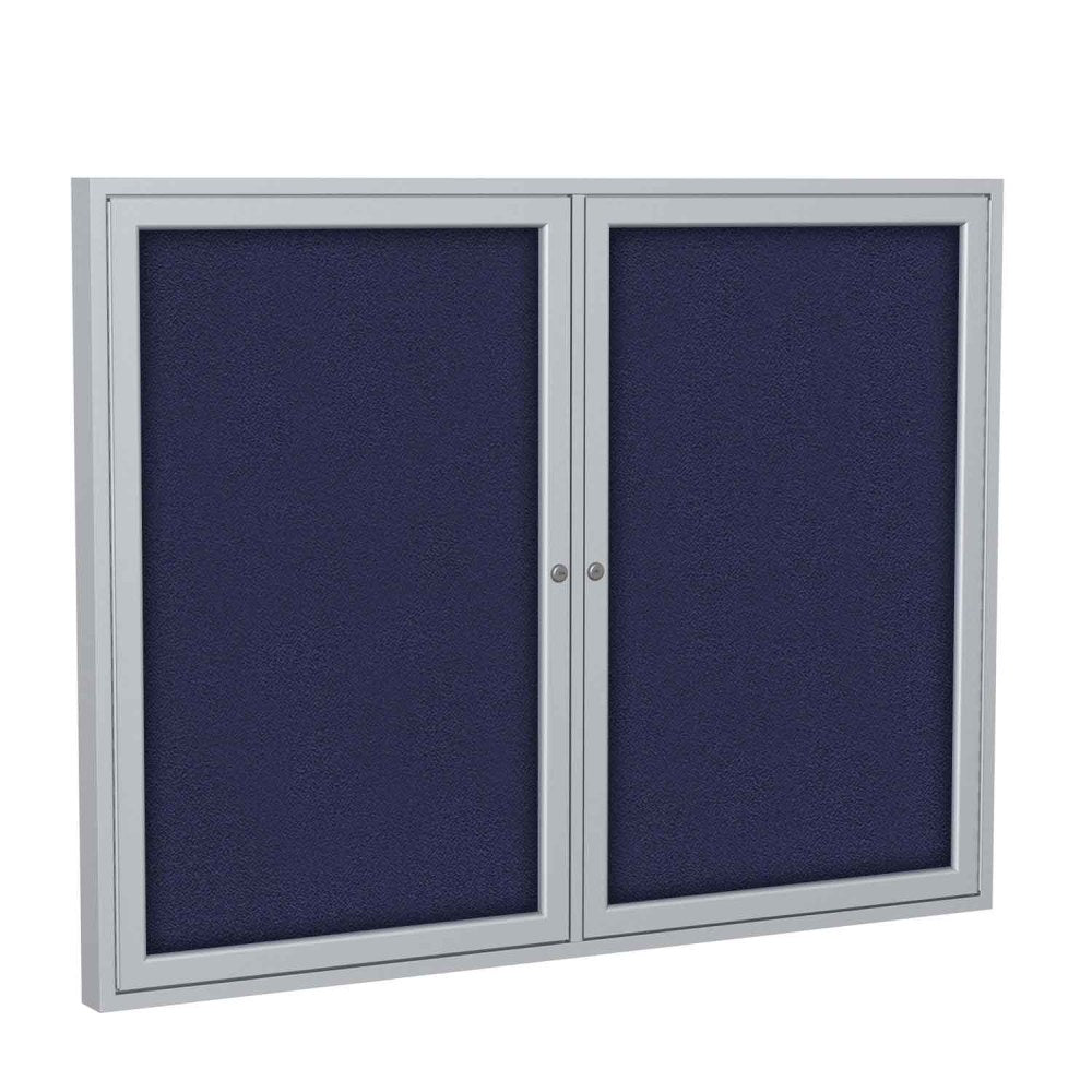 Ghent Traditional Enclosed 2-Door Fabric Bulletin Board, 36in x 60in, Blue, Satin Aluminum Frame