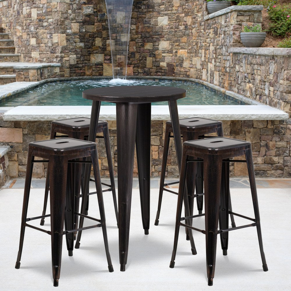 Flash Furniture Commercial-Grade Round Metal Indoor/Outdoor Bar Table Set With 4 Square Backless Stools, 41inH x 24inW x 24inD, Black/Antique Gold