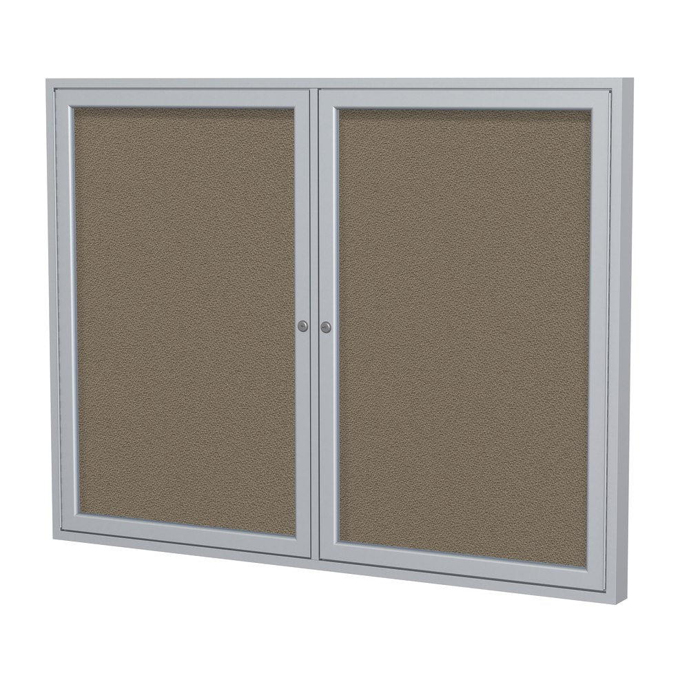 Ghent Traditional Enclosed 2-Door Fabric Bulletin Board, 36in x 48in, Taupe, Satin Aluminum Frame