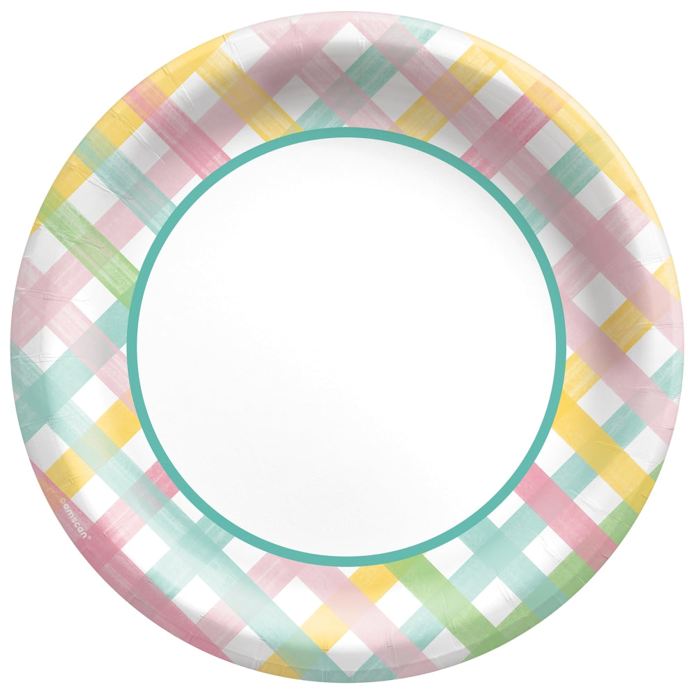 Amscan 723129 Spring Fun Gingham Round Paper Plates, 10in, Pack Of 100 Plates