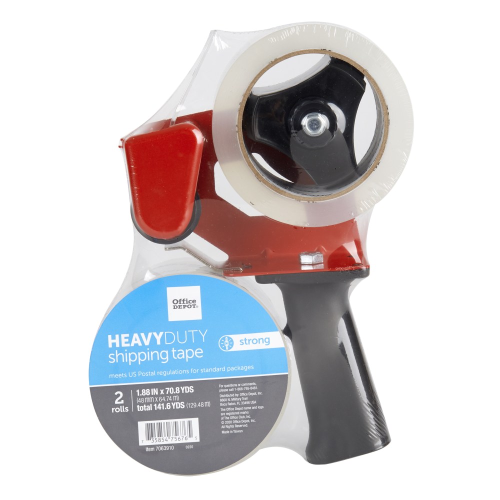 Office Depot Brand Heavy Duty Shipping Packing Tape With Tape Gun, 1.89in x 70.8 Yd, Crystal Clear, Pack Of 2 Rolls