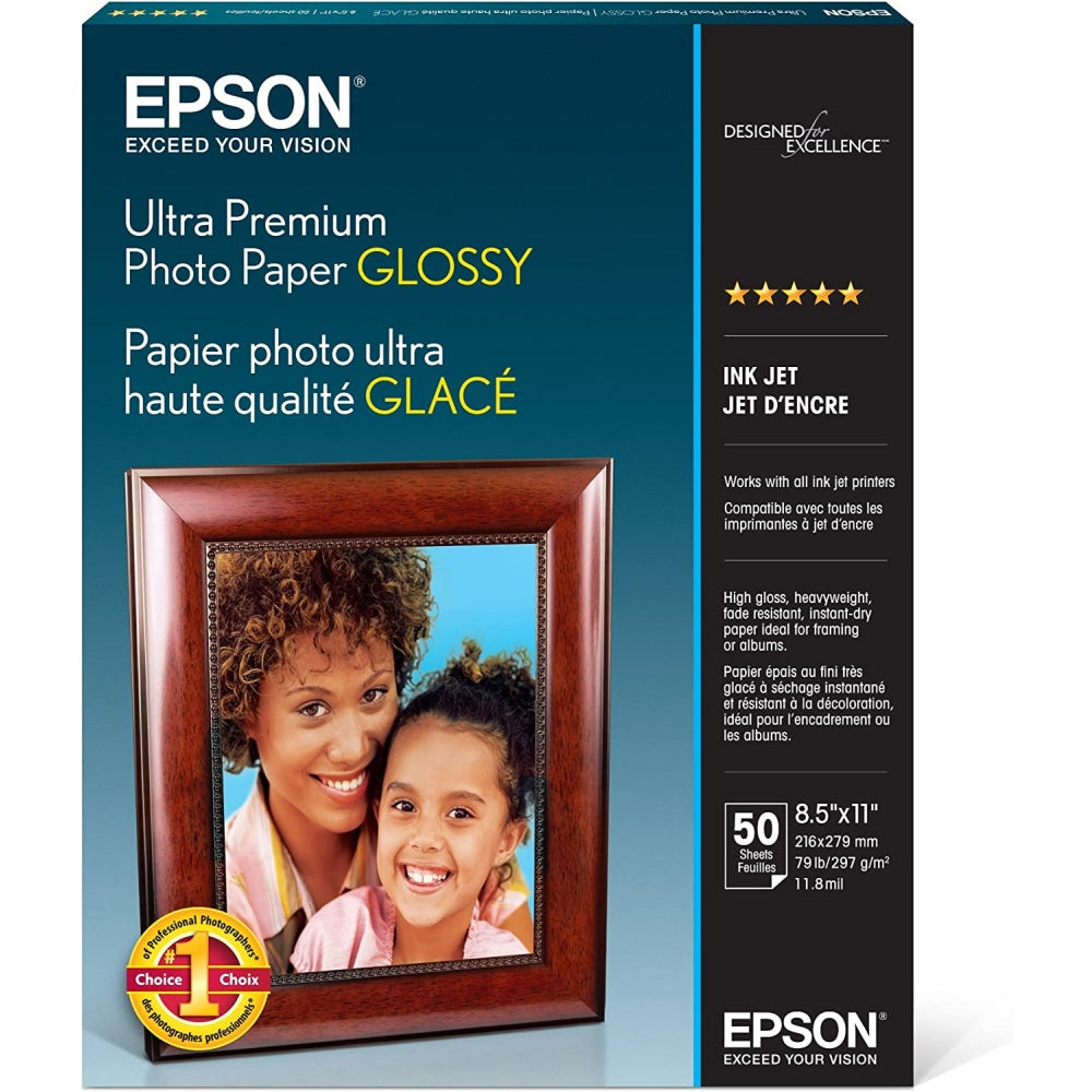 Epson Ultra Premium Glossy Photo Paper, Letter Size (8 1/2in x 11in), 79 Lb, Pack Of 50 Sheets, #S042175