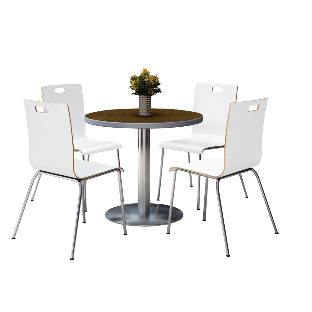 KFI Studios Jive Round Pedestal Table With 4 Stacking Chairs, 29inH x 36inW x 36inD, Espresso/Walnut