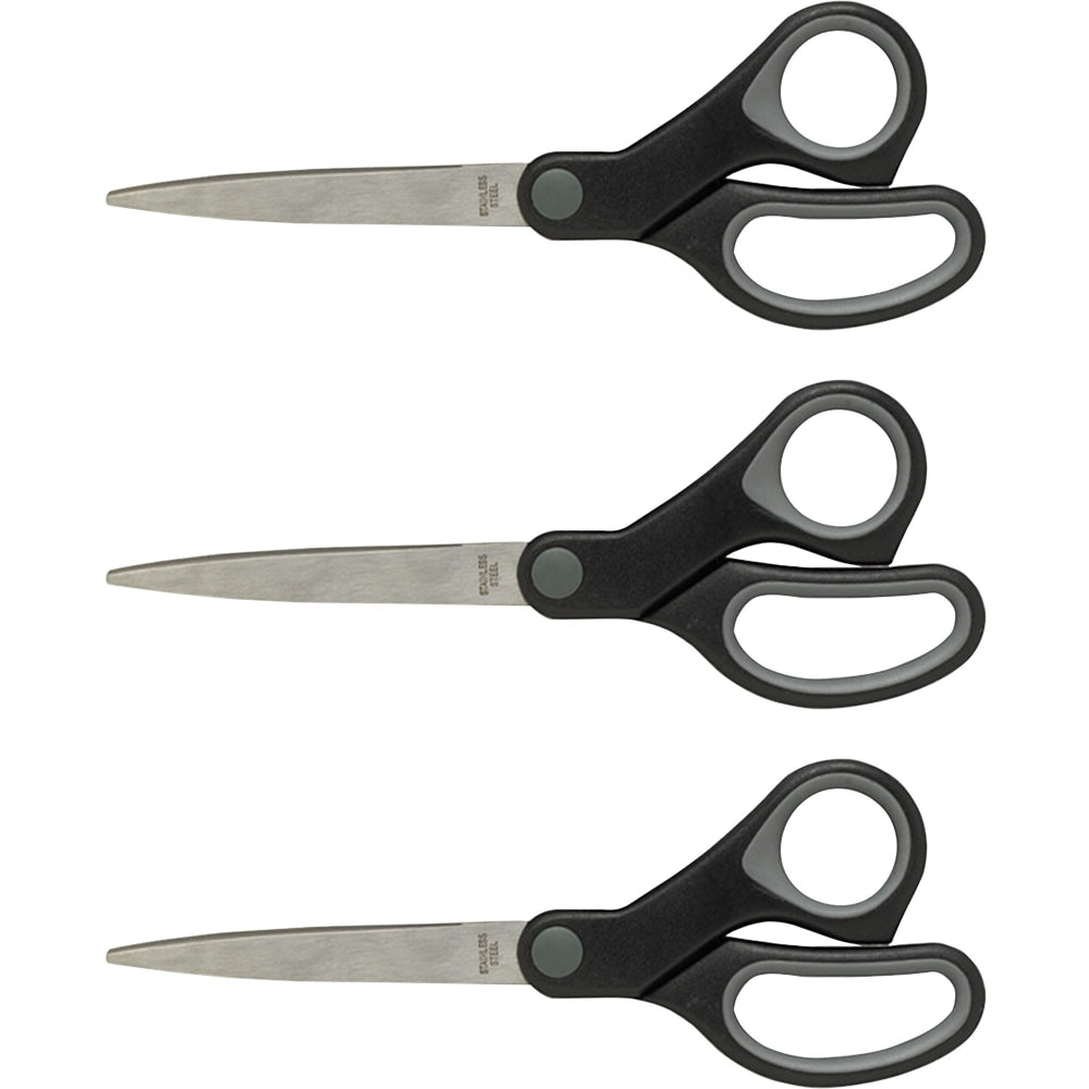 Sparco Straight Scissors w/Rubber Grip Handle - 7in Overall Length - Straight - Stainless Steel - Pointed Tip - Black, Gray - 3 / Bundle