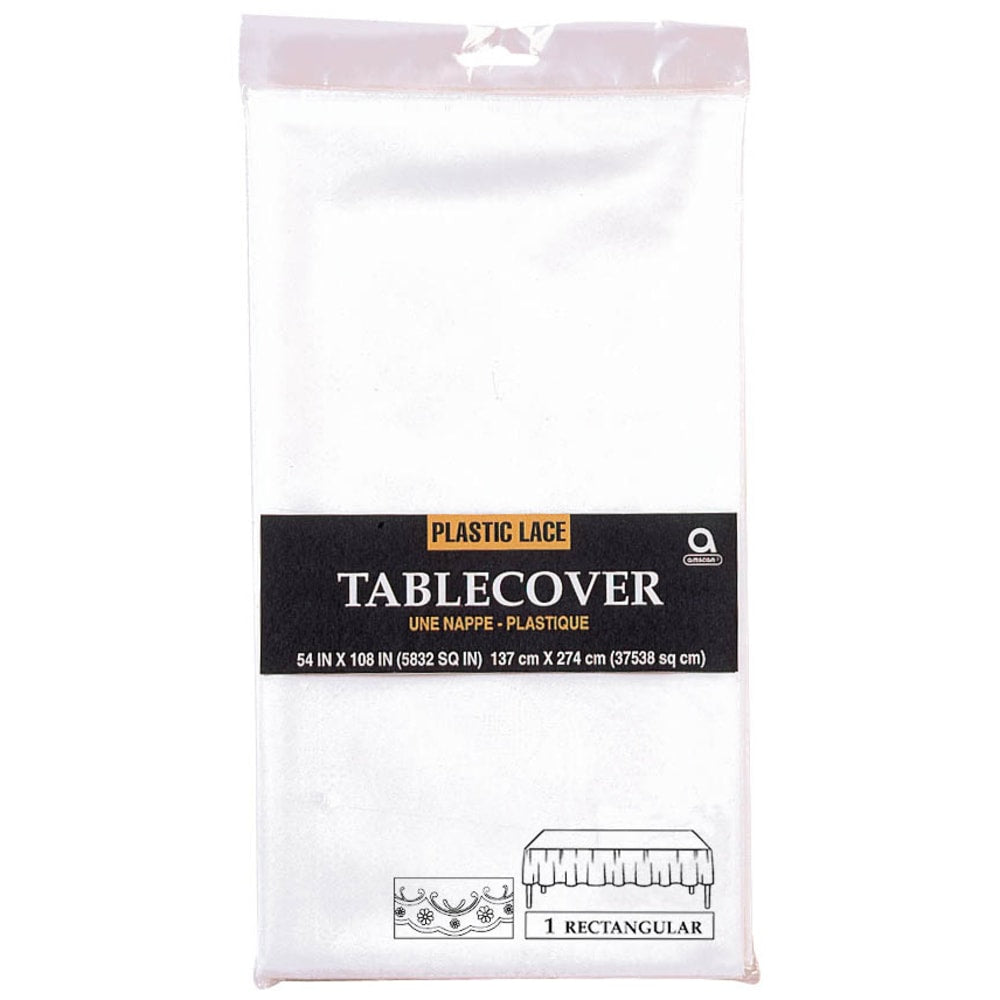 Amscan Plastic Table Covers, 54in x 108in, White Lace, Pack Of 2 Covers