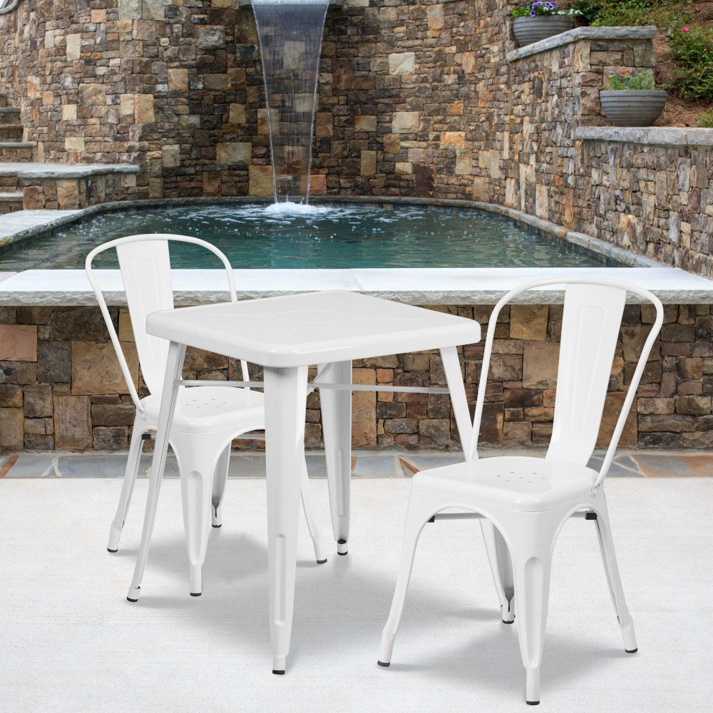 Flash Furniture Square Metal Indoor-Outdoor Table Set With 2 Stack Chairs, 29inH x 27-3/4inW x 27-3/4inD, White