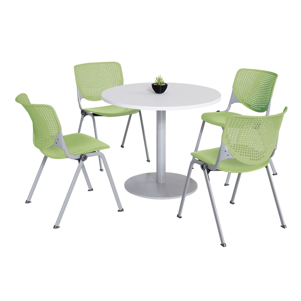 KFI Studios KOOL Round Pedestal Table With 4 Stacking Chairs, White/Lime Green
