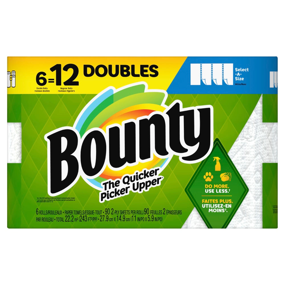 Bounty Select-A-Size 2-Ply Paper Towels, Double Rolls, 6in x 11in, White, 90 Sheets Per Roll, Pack Of 6 Rolls