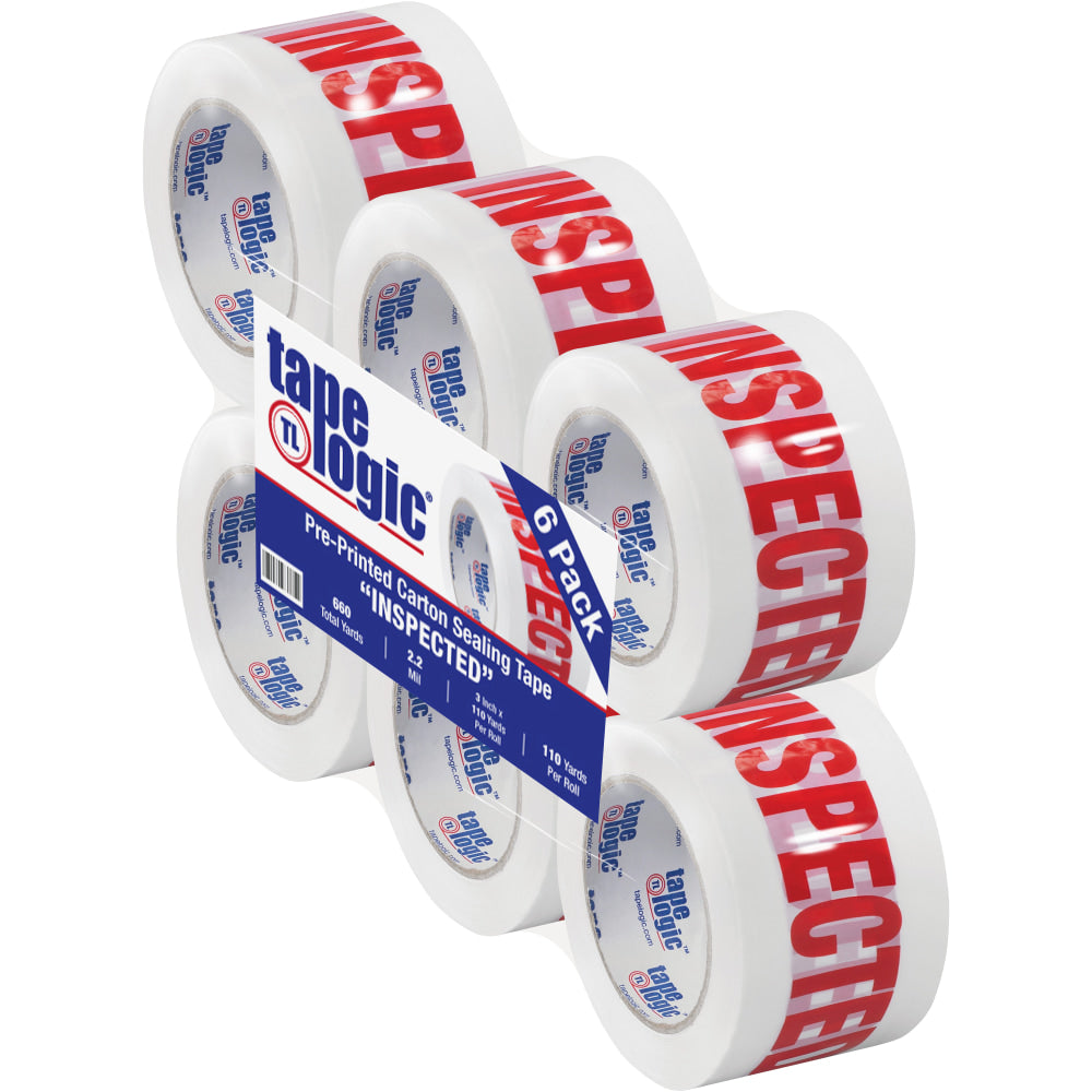 Tape Logic Pre-Printed Carton Sealing Tape, "Inspected", 3in x 110 Yd., Red/White, Case Of 6 Rolls