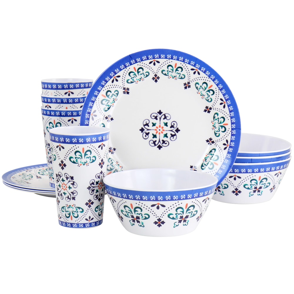 Gibson Everyday Alhambra Blues 12-Piece Melamine Dinnerware Set, Blue/White