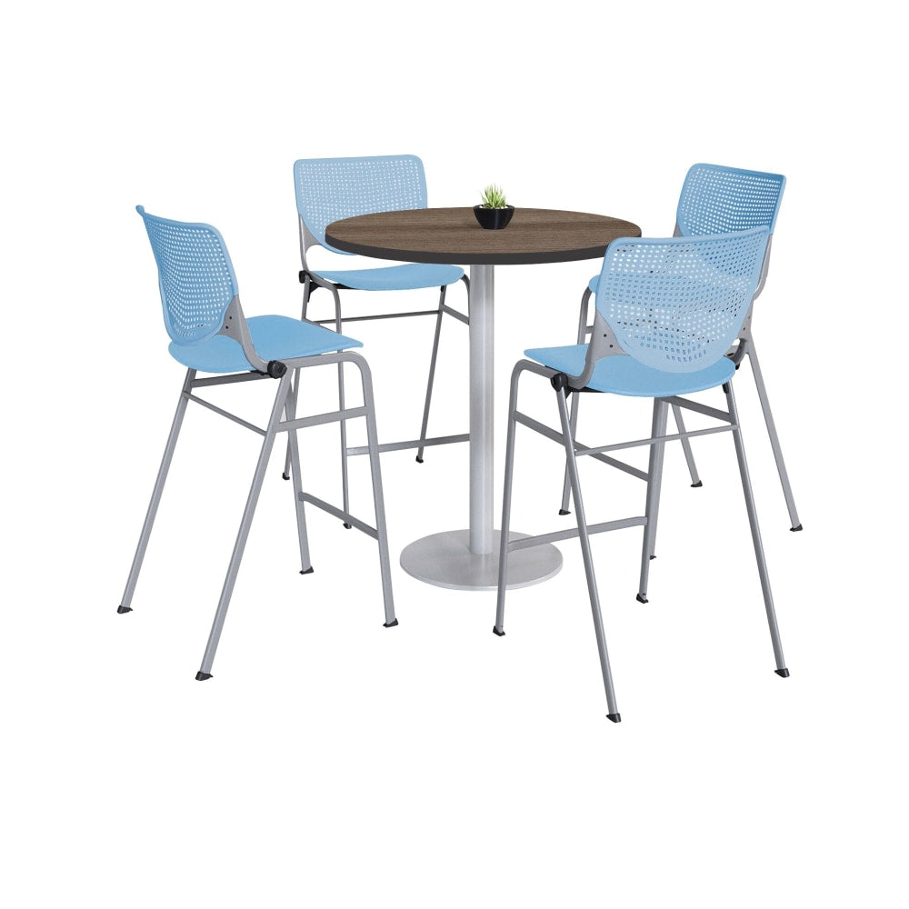 KFI Studios KOOL Round Pedestal Table With 4 Stacking Chairs, 41inH x 36inD, Studio Teak/Sky Blue