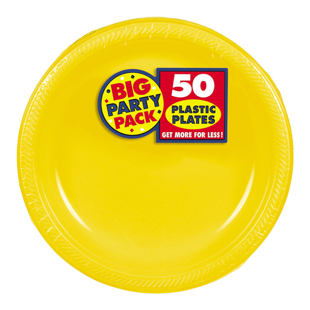 Amscan Plastic Dessert Plates, 7in, Sunshine Yellow, 50 Plates Per Big Party Pack, Set Of 2 Packs