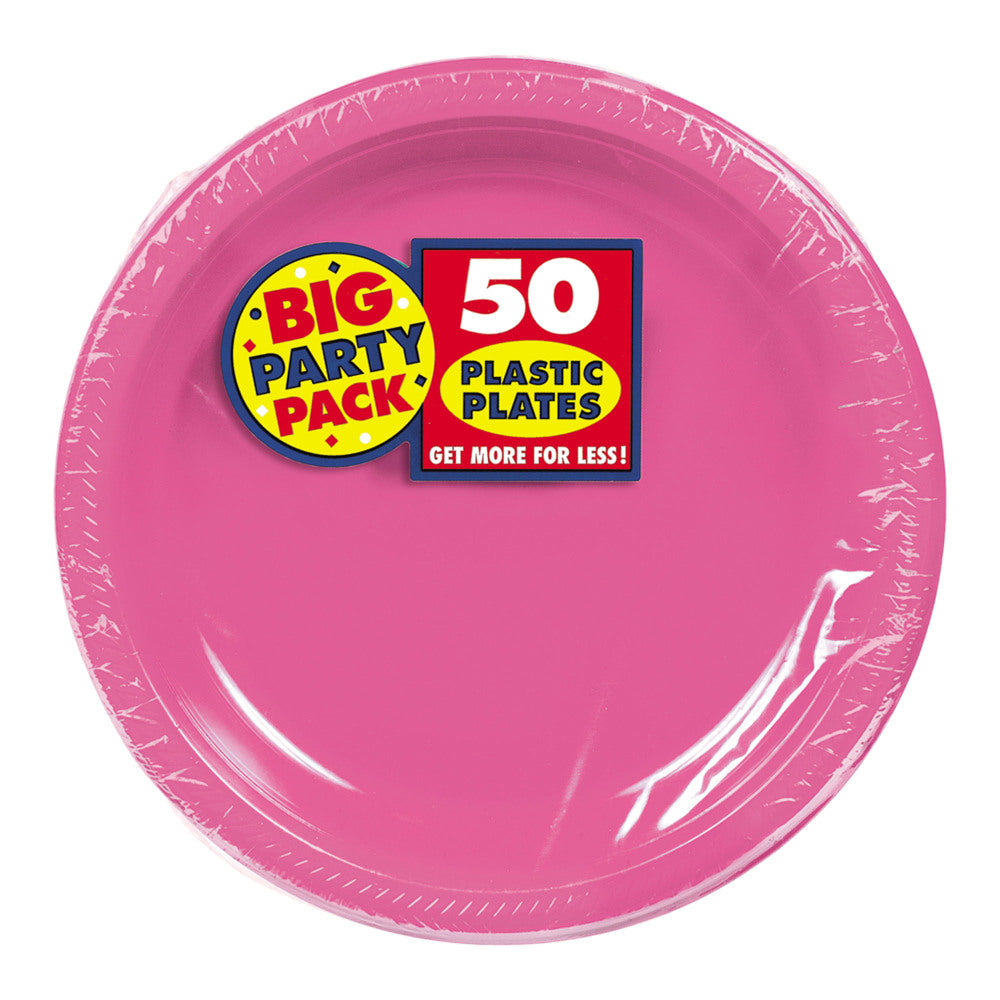 Amscan Plastic Dessert Plates, 7in, Bright Pink, 50 Plates Per Big Party Pack, Set Of 2 Packs