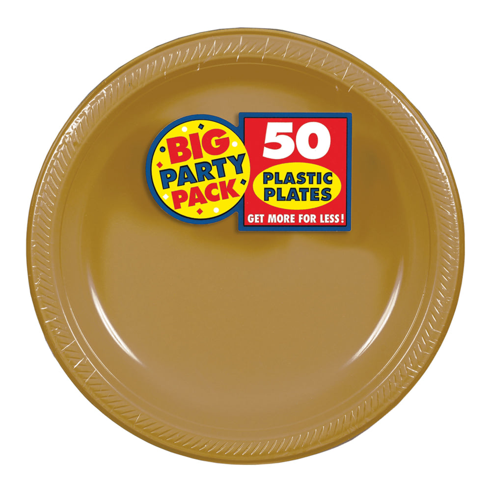 Amscan Plastic Dessert Plates, 7in, Gold, 50 Plates Per Big Party Pack, Set Of 2 Packs