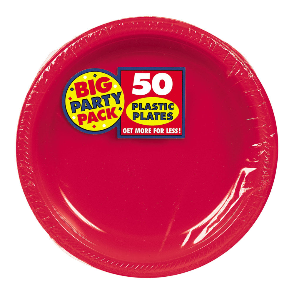 Amscan Plastic Dessert Plates, 7in, Apple Red, 50 Plates Per Big Party Pack, Set Of 2 Packs