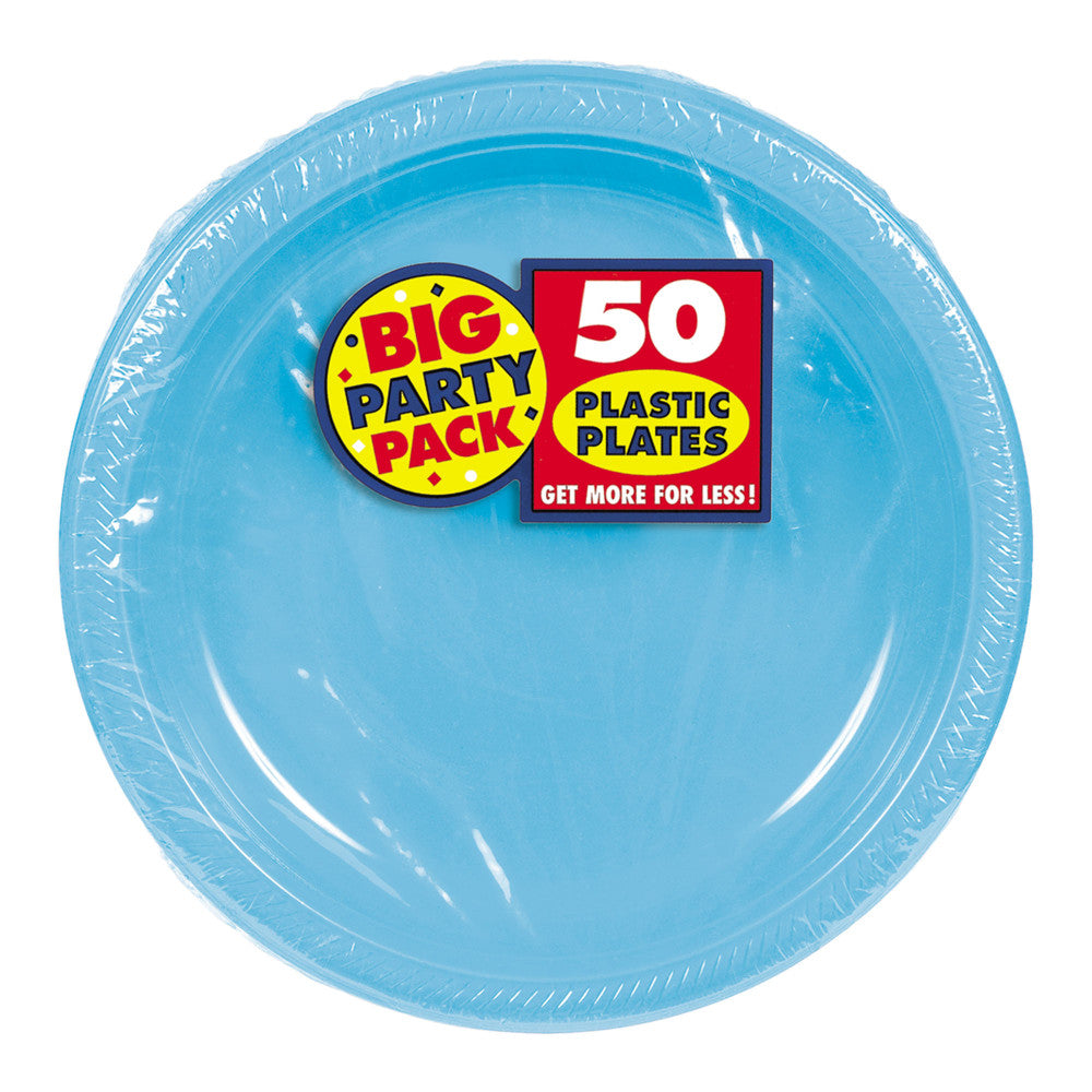 Amscan Plastic Dessert Plates, 7in, Caribbean Blue, 50 Plates Per Big Party Pack, Set Of 2 Packs