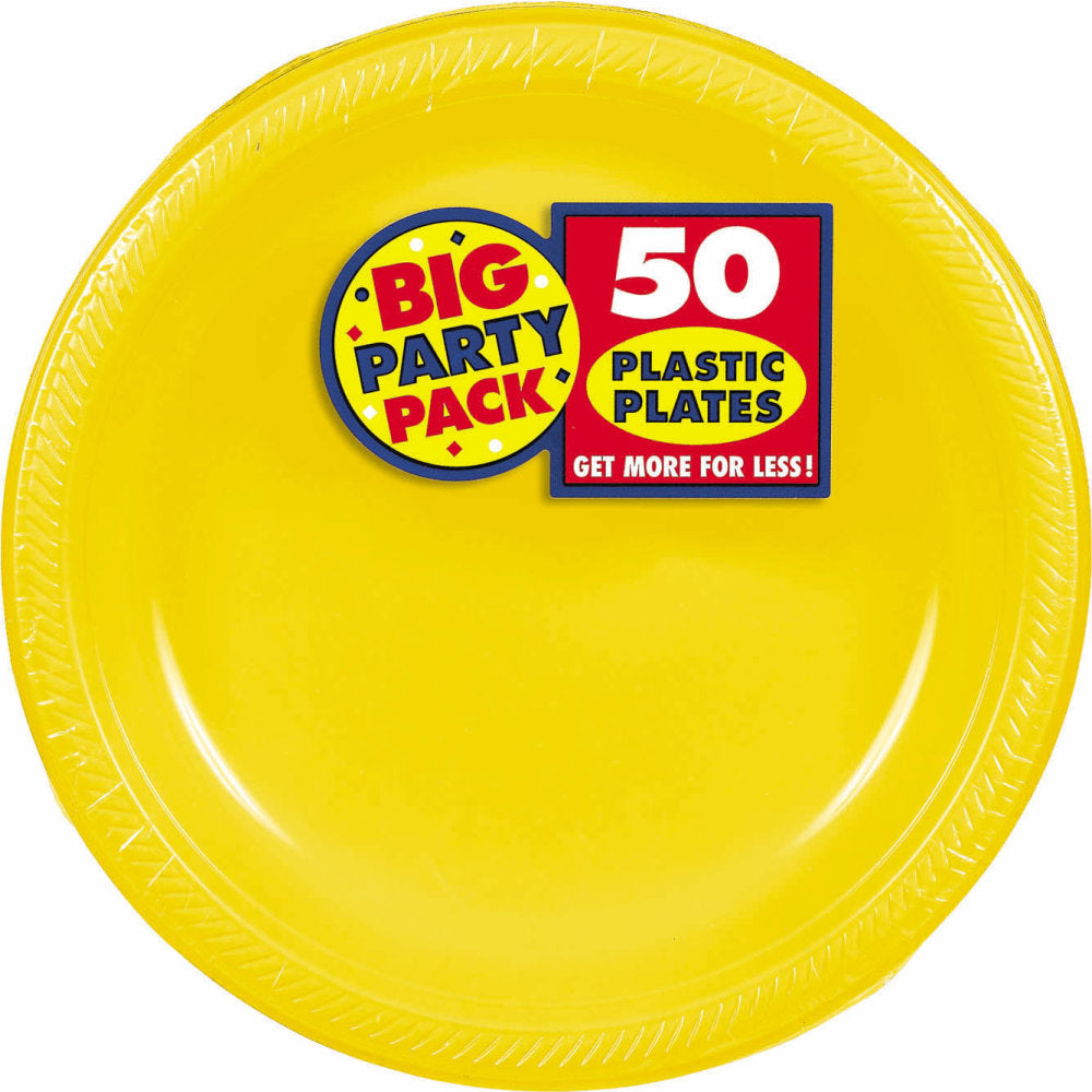 Amscan Plastic Plates, 10-1/4in, Sunshine Yellow, 50 Plates Per Big Party Pack, Set Of 2 Packs