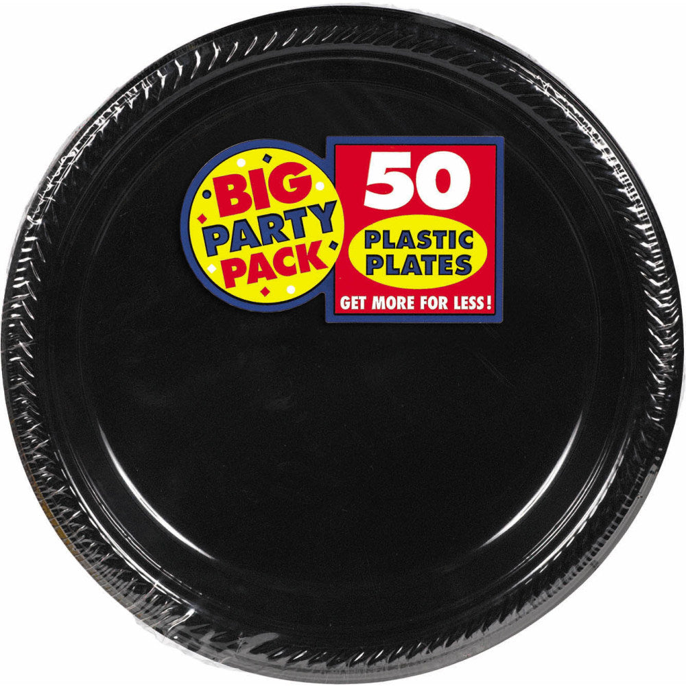 Amscan Plastic Plates, 10-1/4in, Jet Black, 50 Plates Per Big Party Pack, Set Of 2 Packs