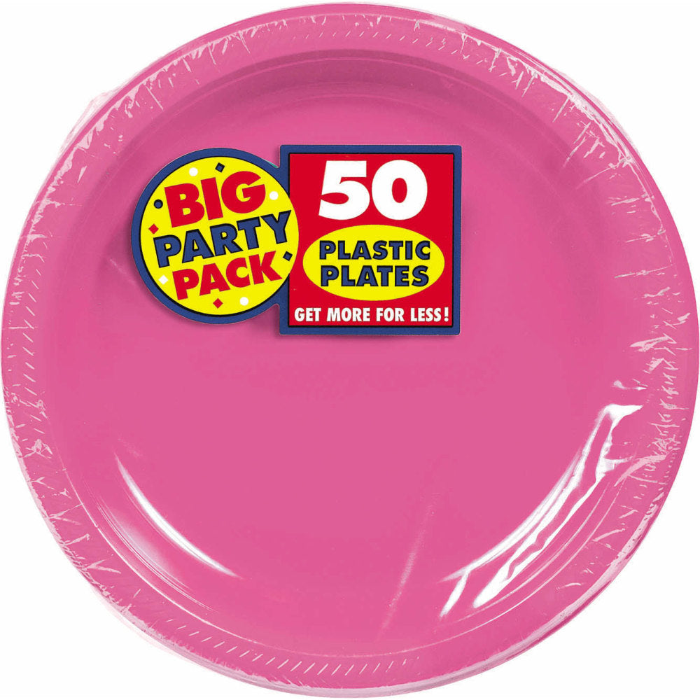 Amscan Plastic Plates, 10-1/4in, Bright Pink, 50 Plates Per Big Party Pack, Set Of 2 Packs