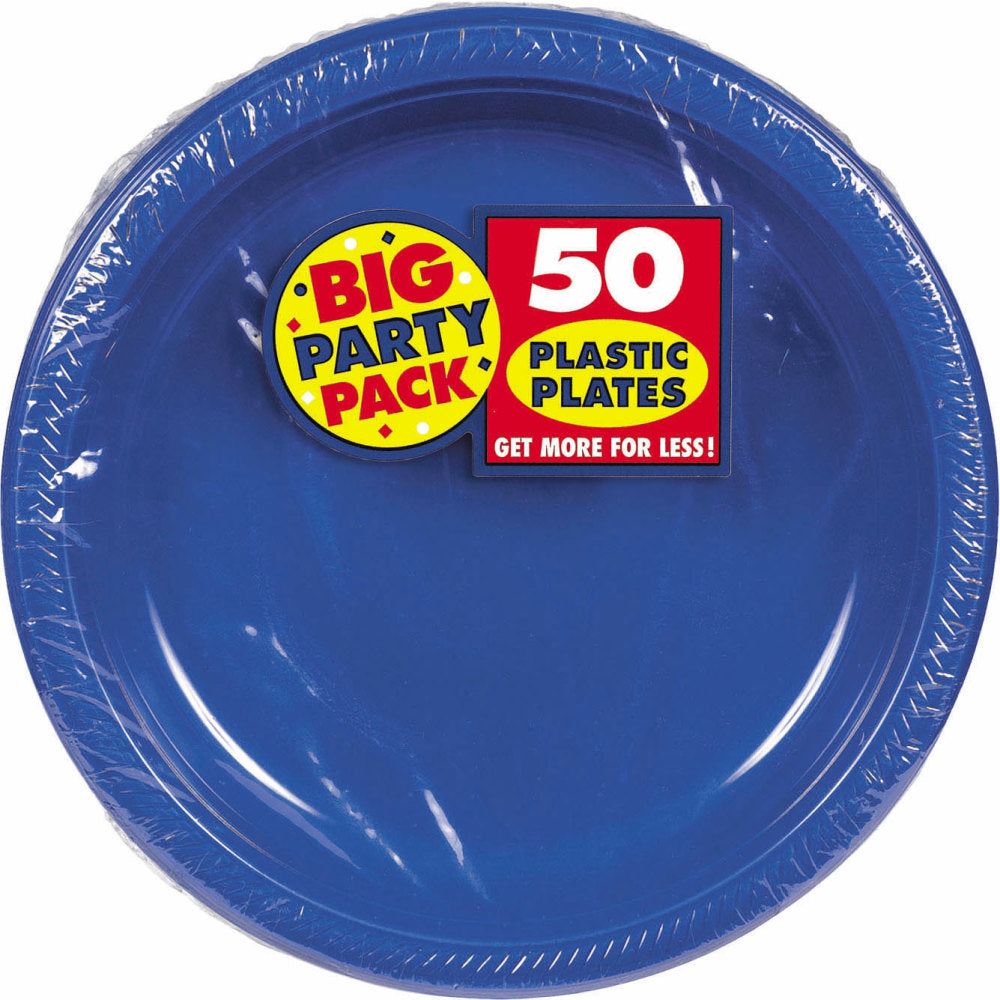 Amscan Plastic Plates, 10-1/4in, Royal Blue, 50 Plates Per Big Party Pack, Set Of 2 Packs