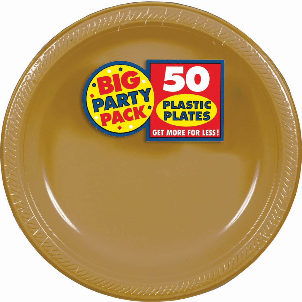 Amscan Plastic Plates, 10-1/4in, Gold, 50 Plates Per Big Party Pack, Set Of 2 Packs