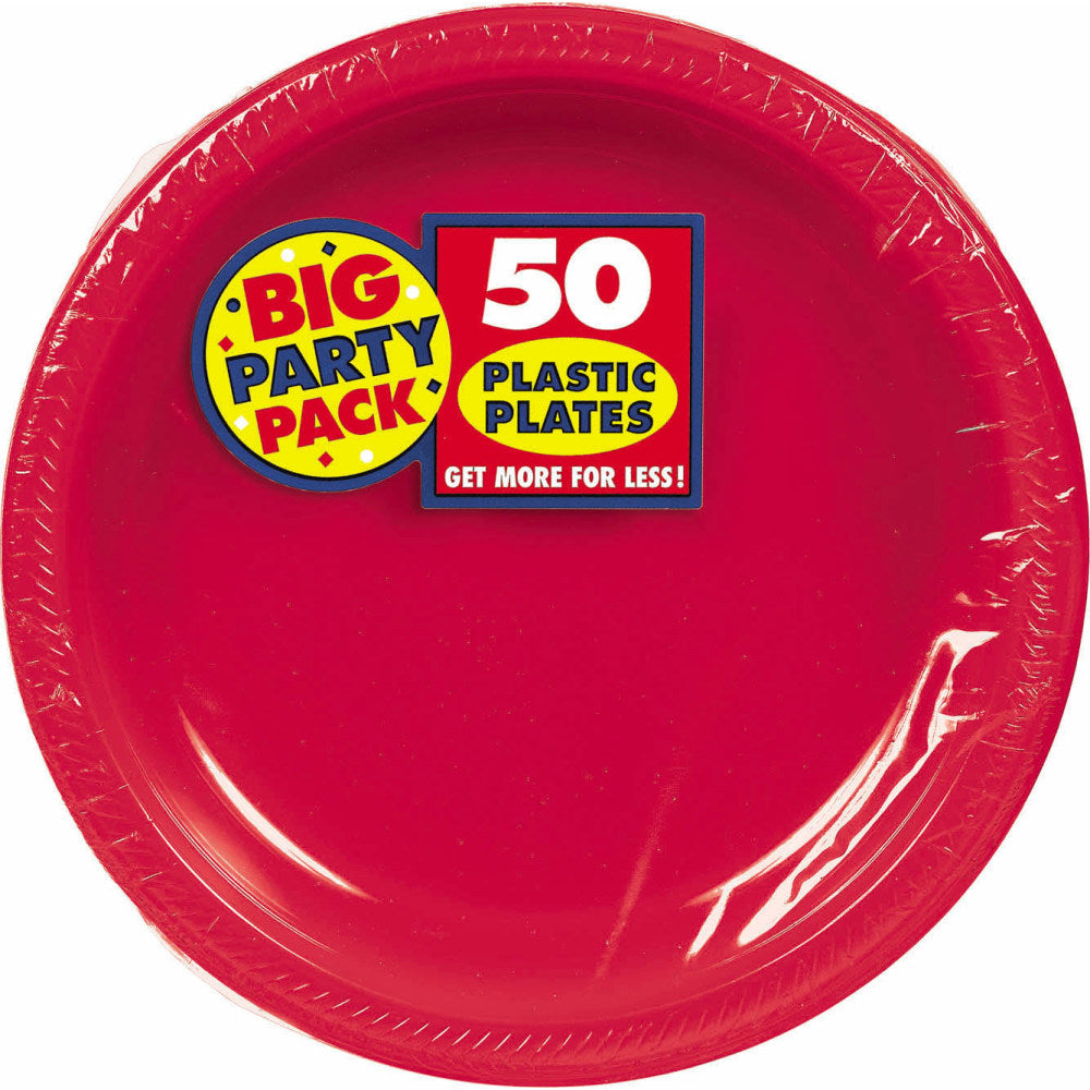 Amscan Plastic Plates, 10-1/4in, Apple Red, 50 Plates Per Big Party Pack, Set Of 2 Packs