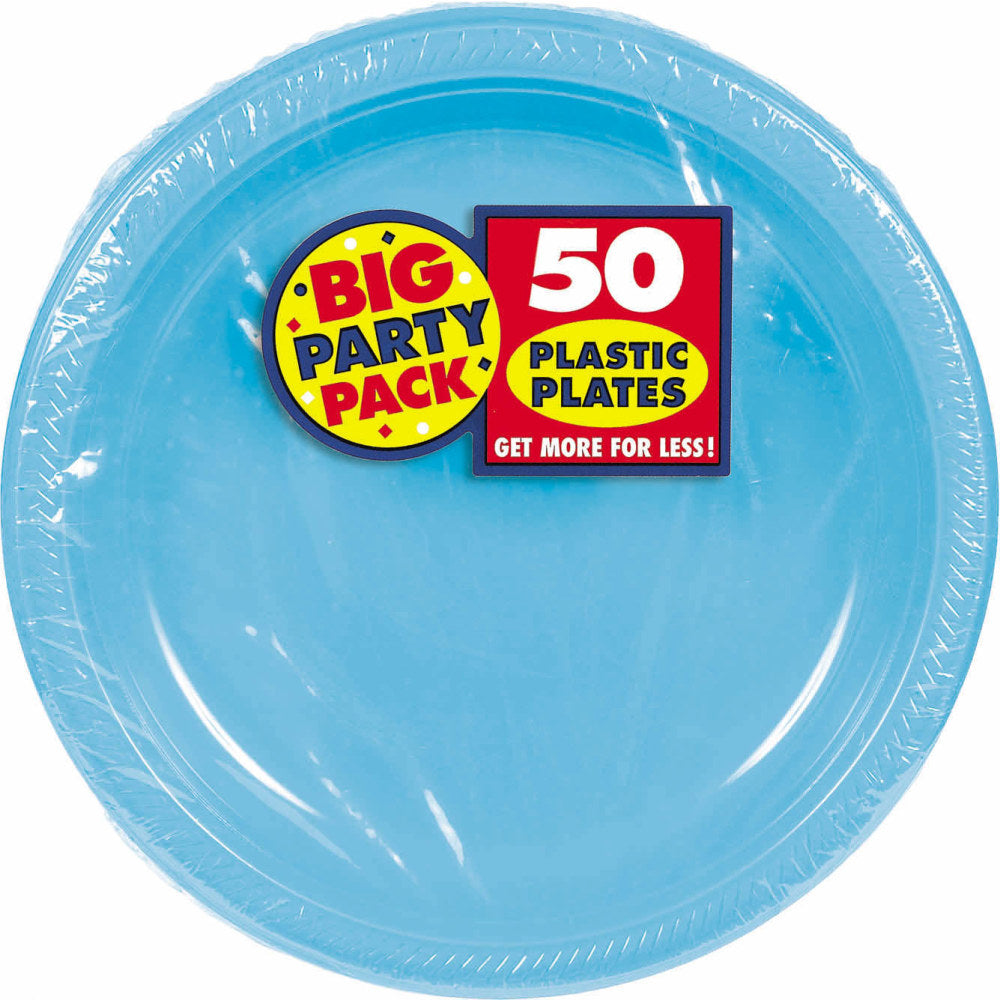 Amscan Plastic Plates, 10-1/4in, Caribbean Blue, 50 Plates Per Big Party Pack, Set Of 2 Packs