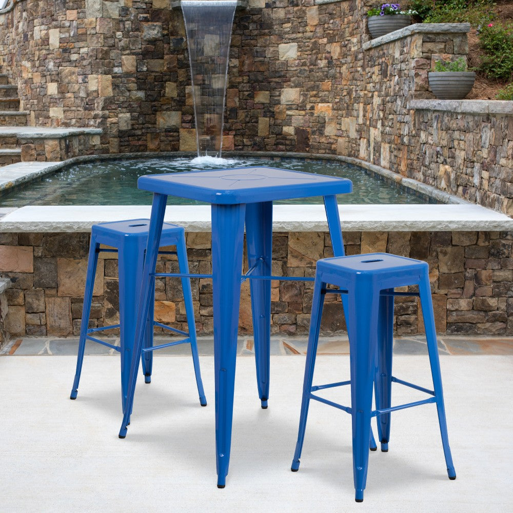 Flash Furniture Square Metal Bar Table Set With 2 Backless Stools, 40inH x 27-3/4inW x 27-3/4inD, Blue
