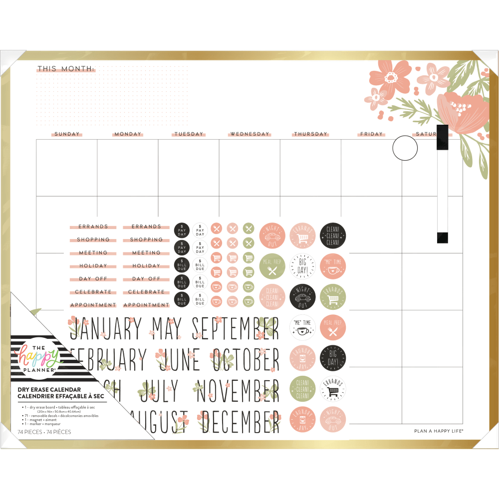 Happy Planner Non-Magnetic Dry-Erase Calendar Board, Tinned Iron, 20in x 16in, Happy Florals, Brushed Gold Metal Alloy Frame