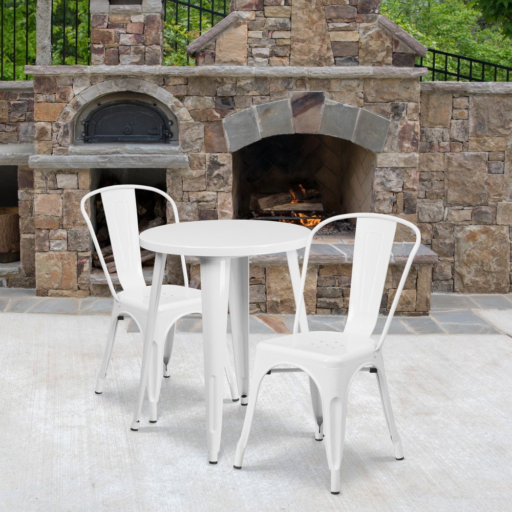 Flash Furniture Round Metal Indoor-Outdoor Table Set With 2 Cafe Chairs, 29in x 24in, White