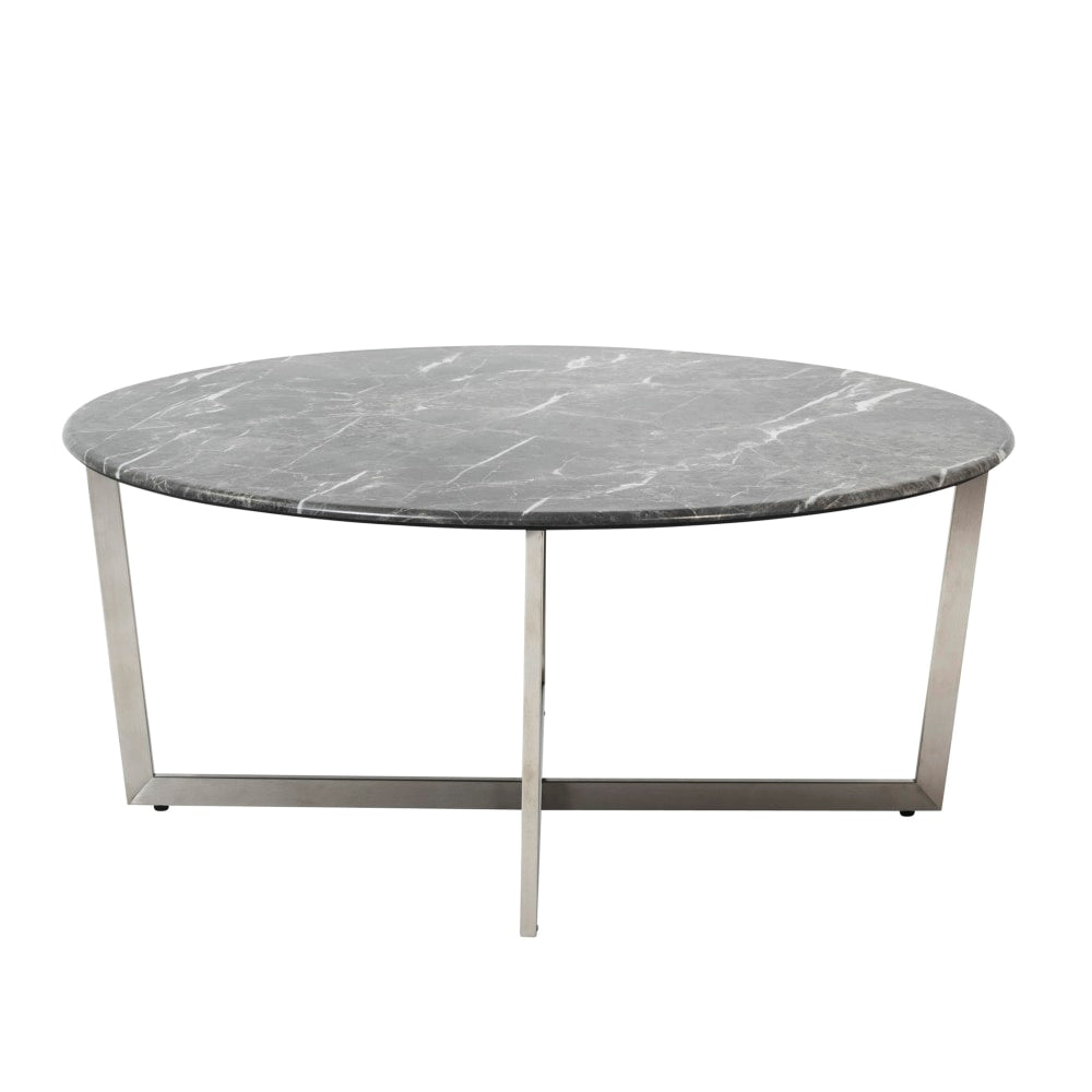 Eurostyle Llona Round Coffee Table, 15-4/5inH x 36inW x 36inD, Brushed Steel/Black Marble