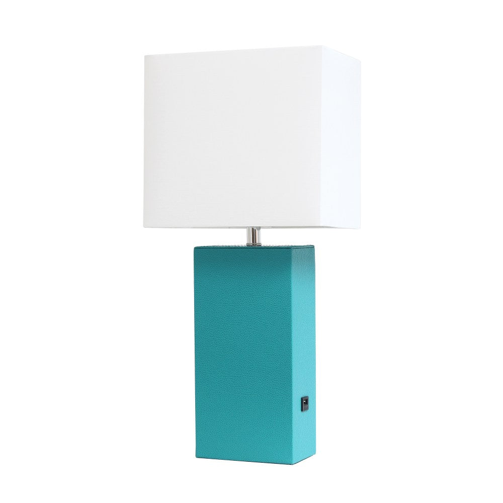 Elegant Designs Modern Leather Table Lamp with USB, 21inH, White Shade/Teal