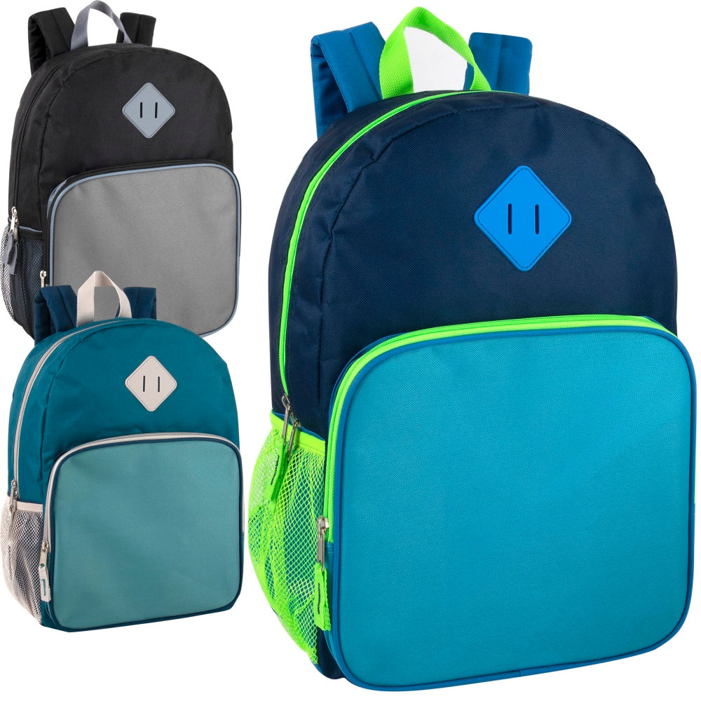 Trailmaker 2-Tone Backpacks, Black/Blue/Green, Pack Of 24 Backpacks