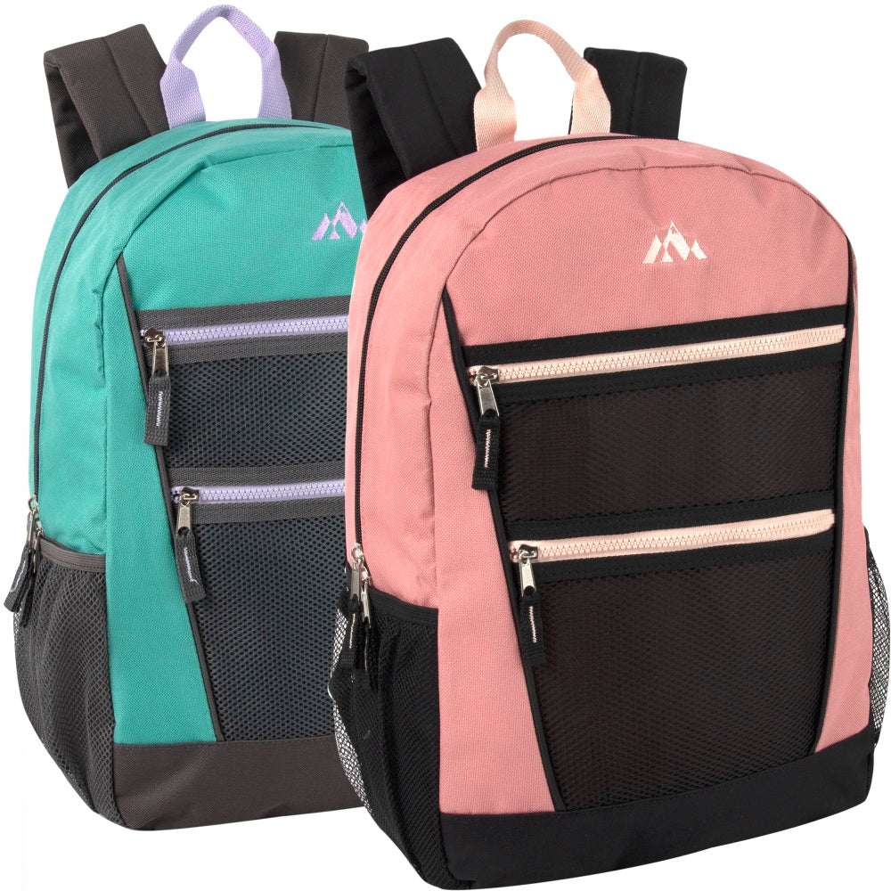 Trailmaker 2-Tone Multi-Pocket Backpacks, Pink/Black/Green/Gray, Pack Of 24 Backpacks