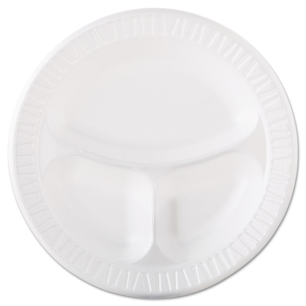 Dart Quiet Classic 3-Compartment Laminated Foam Plates, 10 1/4in, White, 125 Plates Per Pack, Case Of 4 Packs