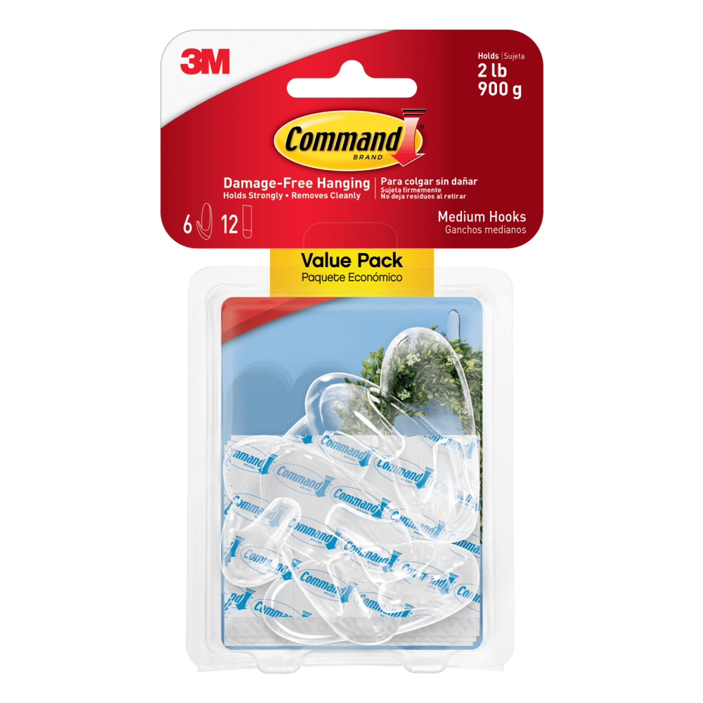 3M Command Removable Hooks, Medium, Clear, Pack Of 6