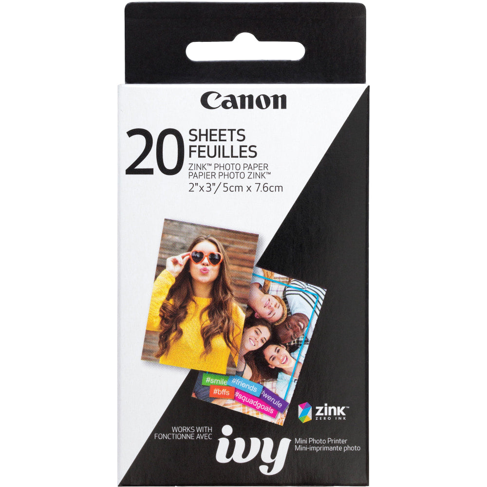 Canon ZINK Photo Paper - 2in x 3in - Glossy - 1 Each - 20 Sheets - Smudge-free, Water Resistant, Tear Resistant - White