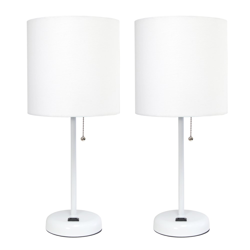 LimeLights Stick Desktop Lamps With Charging Outlets, 19-1/2in, White Shade/White Base, Set Of 2 Lamps
