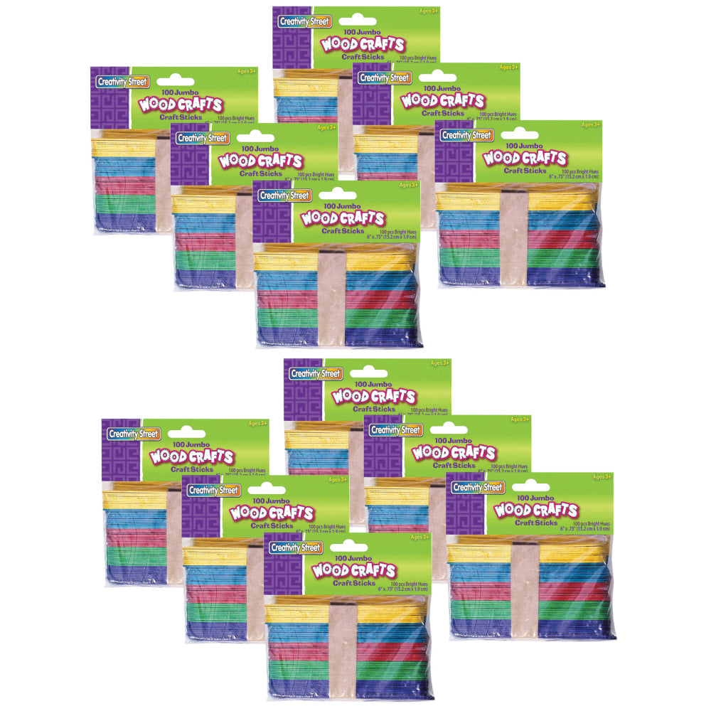 Creativity Street Jumbo Craft Sticks, 6in x 3/4in, Assorted Bright Colors, 100 Sticks Per Pack, Case Of 12 Packs