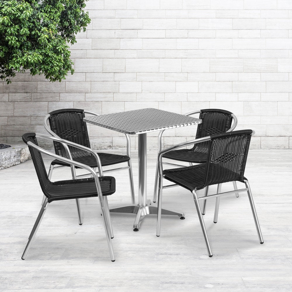 Flash Furniture Lila 5-Piece 23-1/2ft" Square Aluminum Indoor/Outdoor Table Set With Rattan Chairs, Black